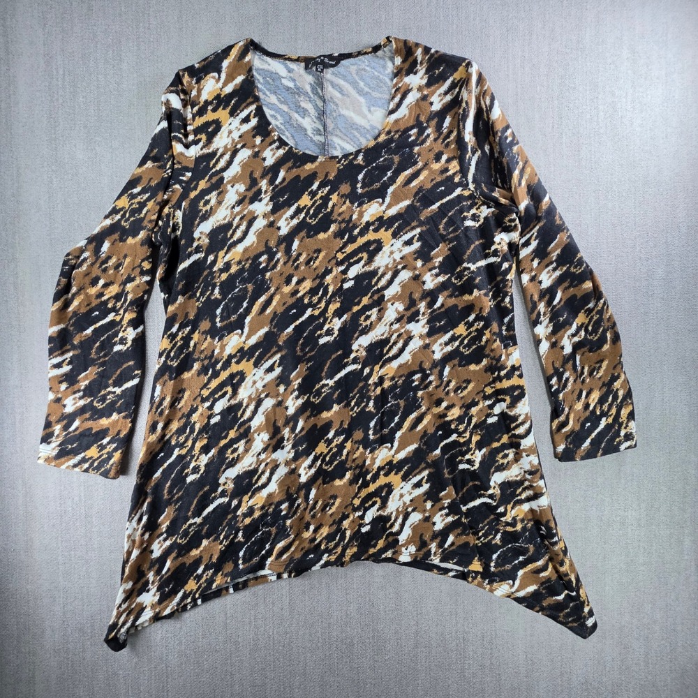 Slinky Brand Tunic Top Women XL Brown Abstract Animal Print Sharkbite Hem 10148S